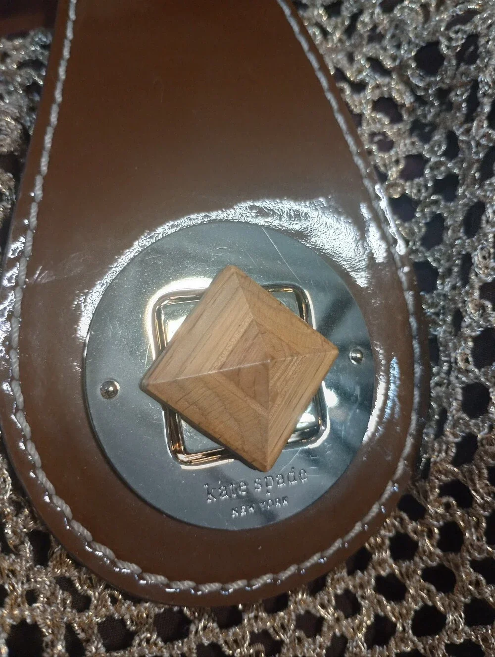 Kate Spade Wooden Handle Metallic Gold Mesh Hand Bag